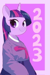 Size: 1376x2048 | Tagged: safe, artist:cheesesauce_45, derpibooru import, twilight sparkle, semi-anthro, unicorn, 2023, clothes, cute, female, school uniform, simple background, smiling, solo, twiabetes