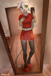 Size: 2322x3435 | Tagged: safe, artist:minchyseok, derpibooru import, oc, oc only, oc:blake, anthro, griffon, anthro oc, cellphone, clothes, crossdressing, griffon oc, high heels, male, midriff, mirror, phone, selfie, shoes, skirt, smartphone, solo, stockings, thigh highs