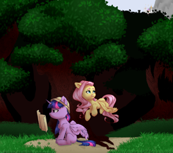 Size: 3000x2648 | Tagged: safe, artist:strmelon, derpibooru import, fluttershy, twilight sparkle, twilight sparkle (alicorn), alicorn, pegasus, pony, duo, female, forest, hat, high res, map, mare, pith helmet