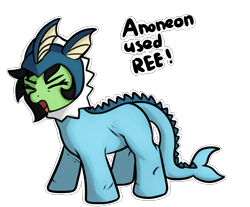 Size: 901x747 | Tagged: safe, artist:neuro, ponerpics import, oc, oc only, oc:anon filly, pony, /mlp/, clothes, costume, cute, eyes closed, female, filly, foal, open mouth, pokémon, reeee, simple background, solo, transparent background, vaporeon, white outline, yelling