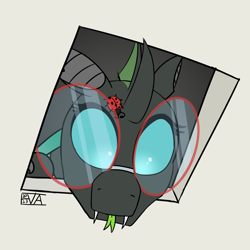 Size: 4000x4000 | Tagged: safe, artist:evan555alpha, oc, oc only, oc:yvette (evan555alpha), changeling, ladybug, evan's daily buggo ii, blep, broach, ceiling, ceiling pony, changeling oc, colored sketch, dorsal fin, fangs, female, forked tongue, glasses, green tongue, hole, looking at you, looking down, looking down at you, mlem, round glasses, signature, simple background, sketch, solo, tongue, tongue out, white background, wide eyes