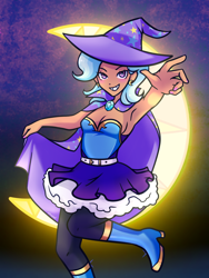 Size: 1536x2048 | Tagged: safe, artist:dumpsterdude, derpibooru import, trixie, human, boots, cape, clothes, crescent moon, dress, ear piercing, earring, female, hat, humanized, jewelry, moon, piercing, pose, shoes, sleeveless, sleeveless dress, smiling, solo, tan skin, trixie's cape, trixie's hat