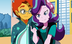 Size: 2300x1395 | Tagged: safe, artist:studiodraw, derpibooru import, starlight glimmer, sunburst, human, equestria girls, beanie, cloak, clothes, equestria girls-ified, facial hair, female, glasses, goatee, hat, male, shipping, smiling, starburst, straight, sunburst's cloak