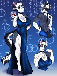 Size: 2560x3440 | Tagged: safe, artist:blackblood-queen, derpibooru import, oc, oc only, oc:clarabelle meadow, anthro, earth pony, unguligrade anthro, abstract background, alcohol, anthro oc, back muscles, backless, beautiful, beautisexy, beauty mark, biceps, big breasts, black and white mane, breasts, choker, cleavage, clothes, coat markings, commission, digital art, dress, earth pony oc, eyeshadow, female, glass, glasses, hair bun, halterneck, hand on chest, hand on hip, hooves, huge breasts, legs, lidded eyes, lips, makeup, muscles, muscular female, open-back dress, quadriceps, rear view, seductive, sexy, side slit, solo, thighs, total sideslit, triceps, wide hips, wine, wine glass