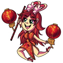 Size: 1024x1024 | Tagged: safe, artist:draconightmarenight, derpibooru import, oc, oc only, oc:katilie, equestria girls, bunny ears, cel shading, chibi, chinese dress, chinese new year, clothes, dress, ear fluff, ears, lantern, monthly reward, paper lantern, shading, simple background, solo, sticker, white background, year of the rabbit