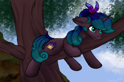 Size: 4840x3232 | Tagged: safe, alternate version, artist:aquamuro, derpibooru import, oc, oc only, oc:angerona, pony, unicorn, ears back, feather, feather in hair, female, in a tree, mare, oda 997, panic, signature, solo, stuck, thousand yard stare, tree, tree branch