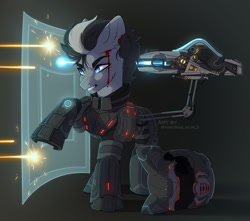 Size: 1280x1130 | Tagged: safe, artist:avroras_world, derpibooru import, oc, oc only, earth pony, armor, armored pony, blood, firing, force field, futuristic, gun, helmet, male, shield, solo, stallion, weapon