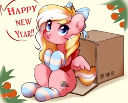 Size: 2712x2192 | Tagged: safe, artist:pledus, derpibooru import, oc, oc only, oc:bay breeze, pegasus, bow, box, clothes, happy new year, holiday, sitting, socks, solo, striped socks