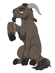 Size: 2048x2688 | Tagged: safe, artist:multiverseequine, derpibooru exclusive, derpibooru import, oc, oc only, oc:o'chunks, goat, pony, alcohol, beer, beer bottle, bottle, chest fluff, cloven hooves, daybreak island, facial hair, full body, goat oc, goatee, horizontal pupils, horns, leonine tail, male, rectangular pupil, short hair, sideburns, simple background, sitting, solo, tail, transparent background