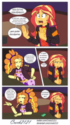 Size: 1280x2284 | Tagged: safe, artist:crock2121, derpibooru import, adagio dazzle, sunset shimmer, human, comic:another world, better together, equestria girls, comic, dialogue, duo, female, music festival outfit, spanish, translated in the comments, translation request