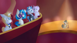 Size: 1024x576 | Tagged: safe, artist:midnightauroraarts, derpibooru import, dj pon-3, fancypants, fleur-de-lis, octavia melody, prince blueblood, vinyl scratch, earth pony, pony, unicorn, 2018, cello, female, male, mare, musical instrument, old art, stage, stallion