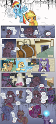 Size: 3000x6591 | Tagged: safe, artist:perfectblue97, derpibooru import, applejack, button mash, pinkie pie, rainbow dash, twilight sparkle, unicorn twilight, oc, earth pony, pony, unicorn, comic:shadows of the past, absurd resolution, applejack's hat, barrel, cider mug, clothes, comic, cowboy hat, crying, dialogue, glowing, glowing horn, hat, horn, mug, propeller hat, speech bubble, unshorn fetlocks