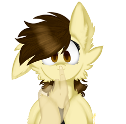 Size: 1054x1041 | Tagged: safe, artist:4agonism, derpibooru import, oc, oc only, oc:a.w.k., oc:anon, earth pony, human, :<, boop, cheek fluff, chest fluff, cross-eyed, cute, disembodied hand, duo, ear fluff, ears, earth pony oc, floppy ears, hand, male, ocbetes, offscreen character, offscreen human, offscreen male, one ear down, raised hooves, simple background, white background