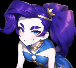Size: 576x512 | Tagged: safe, derpibooru import, generator:novelai, generator:stable diffusion, machine learning generated, rarity, human, equestria girls, black background, blushing, clothes, eyebrows, female, grin, looking at you, simple background, smiling, smiling at you, solo, thick eyebrows