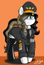 Size: 2400x3500 | Tagged: safe, artist:cdrspark, derpibooru import, oc, oc only, oc:chocolate fudge, earth pony, cap, clothes, hat, latex, latex boots, long mane, long tail, military pony, military uniform, necktie, overcoat, simple background, socks, tail, thigh highs, u.d.c.e., u.d.c.e.s.s., uniform