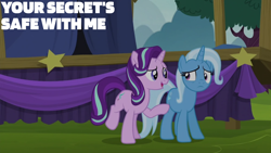 Size: 1280x720 | Tagged: safe, derpibooru import, edit, edited screencap, editor:quoterific, screencap, starlight glimmer, trixie, pony, unicorn, no second prances, bipedal, duo, duo female, female, frown, looking at each other, looking at someone, mare, open mouth, open smile, smiling