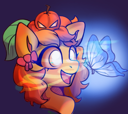Size: 604x539 | Tagged: safe, artist:melonlicious, derpibooru import, oc, oc only, butterfly, pony, bow, bust, commission, glowing, hair bow, head, headshot commission, long hair, looking at something, open mouth, open smile, orange hair, orange mane, orange skin, portrait, pumpkin, simple background, smiling, solo, teeth, white eyes