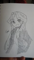 Size: 585x1040 | Tagged: safe, artist:maren, derpibooru import, sunset shimmer, equestria girls, doodle, female, looking at you, open mouth, open smile, pen drawing, smiling, solo, traditional art