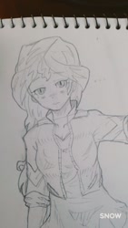 Size: 576x1024 | Tagged: safe, artist:maren, derpibooru import, sunset shimmer, equestria girls, ..., blushing, doodle, female, leaning, looking at you, messy hair, solo, traditional art