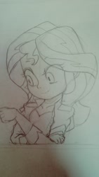 Size: 1152x2048 | Tagged: safe, artist:maren, derpibooru import, sunset shimmer, equestria girls, bust, crossed arms, doodle, female, looking down, pointing, smiling, solo, traditional art