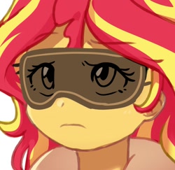 Size: 1036x1009 | Tagged: safe, artist:maren, derpibooru import, sunset shimmer, equestria girls, bust, female, frown, portrait, simple background, sleep mask, sleeping, solo, white background