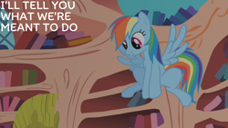 Size: 1280x720 | Tagged: safe, derpibooru import, edit, edited screencap, editor:quoterific, screencap, rainbow dash, pegasus, pony, dragonshy, flying, golden oaks library, solo