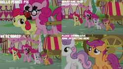 Size: 4400x2475 | Tagged: safe, derpibooru import, edit, edited screencap, editor:quoterific, screencap, apple bloom, pinkie pie, scootaloo, sweetie belle, earth pony, pegasus, pony, unicorn, the one where pinkie pie knows, apple bloom's bow, bow, cutie mark crusaders, female, filly, foal, groucho mask, hair bow, mare, walking