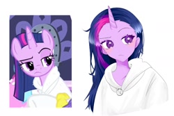 Size: 1246x832 | Tagged: safe, artist:rainbom__1122, derpibooru import, screencap, twilight sparkle, twilight sparkle (alicorn), alicorn, human, pony, equestria girls, rarity's biggest fan, spoiler:interseason shorts, clothes, equestria girls interpretation, horn, horned humanization, humanized, loose hair, robe, scene interpretation, screencap reference, simple background, spa, wet hair, white background