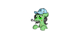 Size: 1643x828 | Tagged: safe, artist:nismorose, derpibooru import, oc, oc:anon, oc:anon filly, cap, chest fluff, dirty, ear fluff, ears, female, filly, floppy ears, foal, half body, happy, hat, honda, messy, mouth hold, simple background, white background, wrench