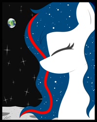 Size: 1592x2000 | Tagged: safe, artist:seafooddinner, derpibooru import, oc, oc only, oc:nasapone, earth pony, pony, bust, earth, earth pony oc, equestria, eyes closed, female, mare, moon, planet, poster, signature, solo, space, stars