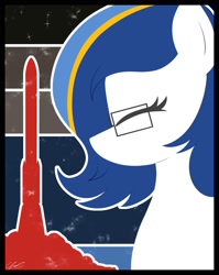 Size: 1592x2000 | Tagged: safe, artist:seafooddinner, derpibooru import, oc, oc only, oc:ulapone, earth pony, pony, bust, earth pony oc, eyes closed, female, glasses, mare, poster, rocket, signature, solo, space, stars