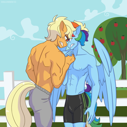 Size: 2048x2048 | Tagged: safe, artist:shallowwin, derpibooru import, applejack, applejack (male), rainbow blitz, rainbow dash, anthro, earth pony, pegasus, abs, appleblitz (gay), appledash, background, clothes, competition, female, field, gay, male, male nipples, muscles, nipples, nudity, pants, pecs, rule 63, shipping, stallion, tight clothing, tights, wings