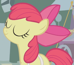 Size: 632x557 | Tagged: safe, derpibooru import, edit, edited screencap, screencap, apple bloom, earth pony, pony, call of the cutie, season 1, animation error, apple bloom's bow, apron, bow, clothes, cropped, eyes closed, female, filly, foal, hair bow, solo, solo female, solo focus