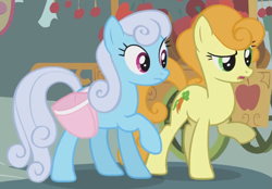 Size: 615x429 | Tagged: safe, derpibooru import, screencap, carrot top, golden harvest, linky, shoeshine, earth pony, pony, call of the cutie, season 1, bag, confused, cropped, female, mare, ponies standing next to each other, ponyville, raised hoof, raised leg, saddle bag, standing