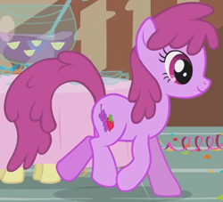 Size: 539x490 | Tagged: safe, derpibooru import, screencap, berry punch, berryshine, earth pony, pony, call of the cutie, season 1, animation error, background pony, cropped, female, mare, punch (drink), punch bowl, table, trotting