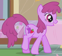 Size: 549x501 | Tagged: safe, derpibooru import, screencap, berry punch, berryshine, earth pony, pony, call of the cutie, season 1, animation error, background pony, cropped, female, mare, punch (drink), punch bowl, rug, table, walking
