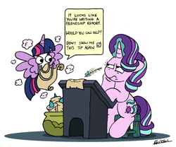 Size: 1986x1653 | Tagged: safe, artist:bobthedalek, derpibooru import, starlight glimmer, twilight sparkle, twilight sparkle (alicorn), alicorn, pony, unicorn, clippit, desk, dialogue, friendship report, glowing, glowing horn, horn, magic, magic aura, quill, scroll, simple background, speech bubble, telekinesis, unamused, white background