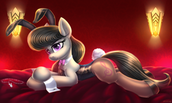Size: 5000x3000 | Tagged: safe, artist:atlas-66, derpibooru import, octavia melody, pony, 2023, animal costume, bed, bowtie, bunny ears, bunny suit, bunny tail, clothes, costume, cuffs (clothes), female, lamp, leotard, looking at you, mare, pantyhose, playboy, playboy bunny, playpony, prone, room, solo, tail, tights, year of the rabbit