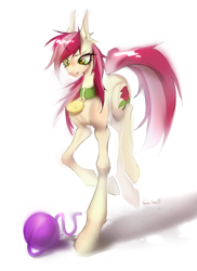 Size: 3500x4800 | Tagged: safe, artist:satan, derpibooru import, roseluck, earth pony, pony, behaving like a cat, collar, commission, commissioner:doom9454, cute, muscles, pet tag, pony pet, rosepet, simple background, thin, white background, yarn, yarn ball