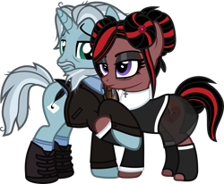 Size: 1530x1262 | Tagged: safe, artist:lightningbolt, derpibooru exclusive, derpibooru import, oc, oc only, oc:cadaverous poe, oc:victoria anchorite, earth pony, pony, unicorn, .svg available, bags under eyes, beard, bun, clothes, cross, cross necklace, duo, ear piercing, earring, eyeshadow, facial hair, feather, female, happy, holding hooves, horn, husband and wife, jewelry, lidded eyes, makeup, male, mare, married couple, messy mane, messy tail, moustache, necklace, nun, nun outfit, piercing, shipping, shoes, simple background, skirt, socks, stallion, standing, straight, suit jacket, svg, tail, transparent background, vector