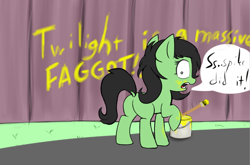 Size: 830x548 | Tagged: safe, artist:firenhooves, twibooru import, oc, oc only, oc:anon filly, earth pony, pony, dialogue, dock, female, filly, foal, graffiti, paint, paint bucket, paintbrush, patreon exclusive, paywall content, solo