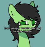 Size: 524x551 | Tagged: safe, artist:omelettepony, ponerpics import, oc, oc only, oc:anon filly, earth pony, pony, blue background, eye clipping through hair, eyebrows, eyebrows visible through hair, female, filly, foal, looking at you, meme, ponified, ponified meme, simple background, solo, text, unamused