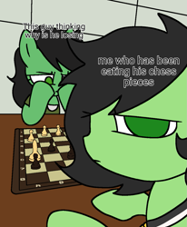 Size: 1057x1280 | Tagged: safe, artist:omelettepony, ponerpics import, oc, oc only, oc:anon filly, earth pony, pony, chess, clothes, eyebrows, female, filly, foal, heterochromia, meme, neckerchief, ponified, ponified meme