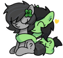 Size: 2400x2200 | Tagged: safe, artist:omelettepony, ponerpics import, oc, oc only, oc:anon filly, earth pony, pony, clover, eyes closed, female, filly, foal, heart, hug, looking at someone, neckerchief, simple background, smiling, statue, white background