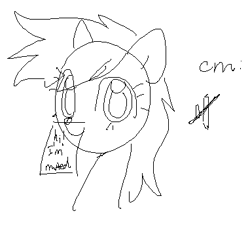 Size: 382x346 | Tagged: safe, artist:omelettepony, ponerpics import, oc, oc only, earth pony, pony, blushing, cutie mark, earth pony oc, female, looking at you, mare, monochrome, ms paint, mute, simple background, smiling, solo, sticky note, text, white background