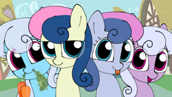 Size: 1920x1080 | Tagged: safe, artist:omelettepony, ponerpics import, bon bon, lilac links, linky, shoeshine, sweetie drops, pony, background pony, blueberry taffy, carrot, cloud, eye clipping through hair, female, food, house, looking at you, mare, mouth hold, open mouth, open smile, ponyville, sky, smiling, tongue, tongue out