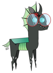 Size: 4000x5500 | Tagged: safe, artist:evan555alpha, oc, oc only, oc:yvette (evan555alpha), changeling, ladybug, evan's daily buggo ii, :i, broach, changeling oc, colored sketch, dorsal fin, fangs, female, glasses, looking to side, looking to the right, pointy ponies, round glasses, signature, simple background, sketch, solo, style emulation, transparent background, wide eyes