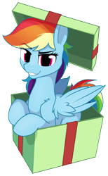 Size: 1529x2487 | Tagged: safe, artist:dacaoo, derpibooru import, rainbow dash, pegasus, pony, box, cute, dashabetes, eyebrows, eyebrows visible through hair, female, grin, mare, pony in a box, present, simple background, smiling, solo, transparent background