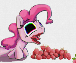 Size: 1839x1530 | Tagged: safe, artist:halfaman, derpibooru import, pinkie pie, pony, creepy, dilated pupils, eating, food, messy eating, notebook, raspberry (food), simple background, solo, tongue, tongue out