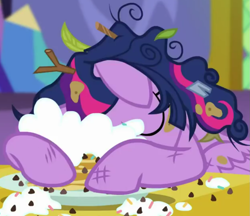 Size: 935x809 | Tagged: safe, derpibooru import, screencap, twilight sparkle, twilight sparkle (alicorn), alicorn, pony, castle sweet castle, season 5, adorkable, cropped, cuddling, cute, dirty, dork, ears, eyes closed, female, floppy ears, food, head down, i'm pancake, majestic as fuck, mare, messy, messy mane, pancakes, puncake, sleeping, snuggling, solo, tired, twiabetes, twilight's castle, whipped cream